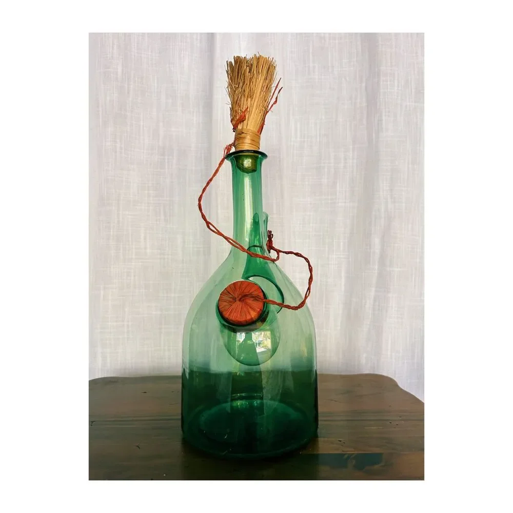 Vintage Italian Green Blown Glass Wine Decanter Ice Chamber Spout Straw Stopper